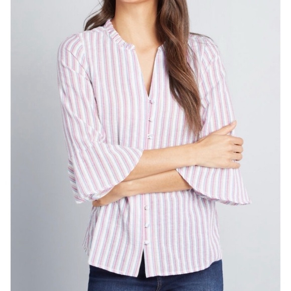 Modcloth Professional Pizzazz Button Down Shirt Multicolor Ruffle Size XXS NWT - Picture 2 of 11